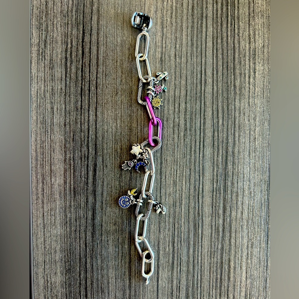 Pandora Me Link Bracelet 6.5 inch with 9 charms, purple links, whatever link